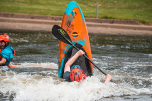 Tailee in a Pyranha Ripper at HPP, Nottingham, whitewater kayaking